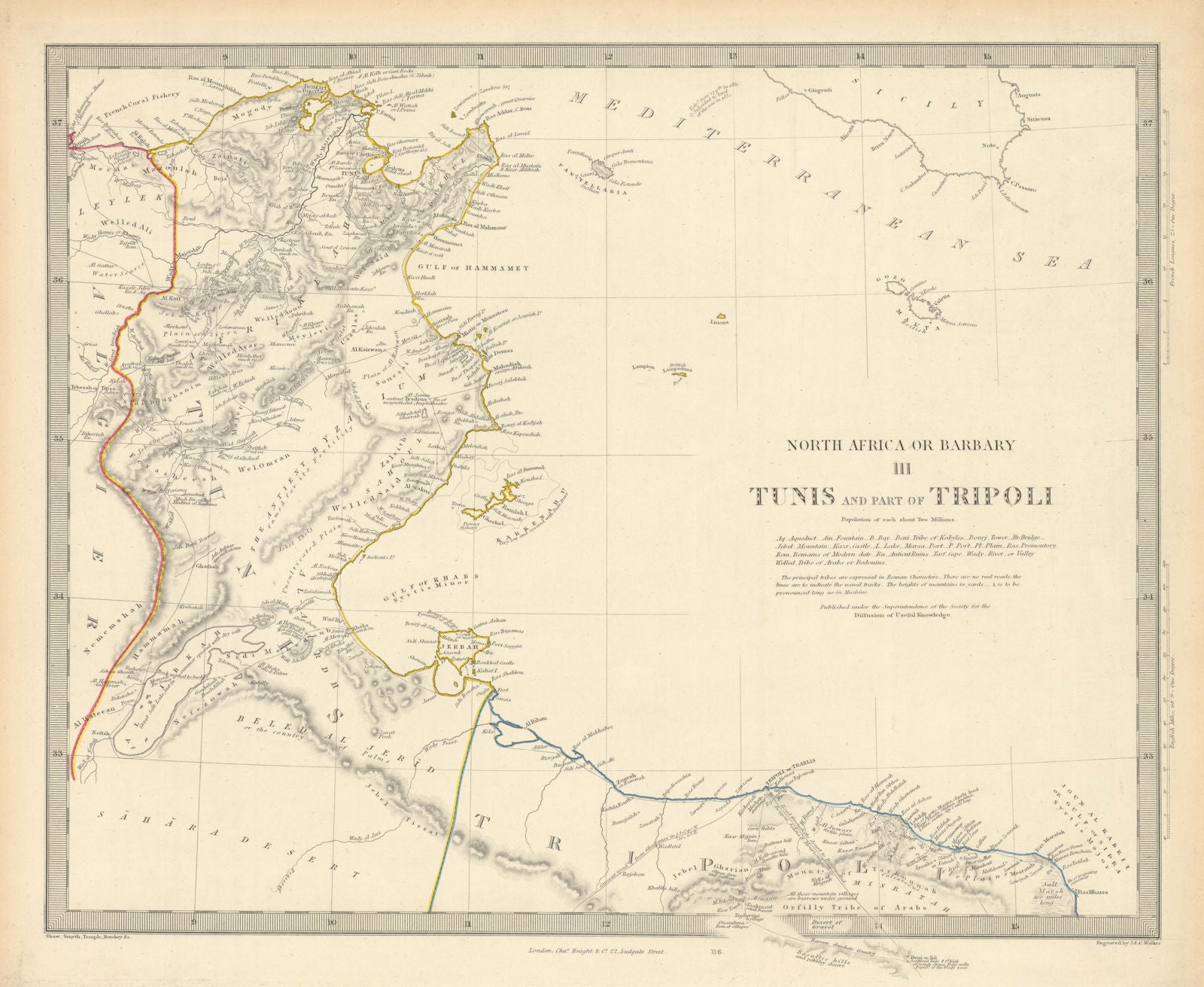 NORTH AFRICA OR BARBARY III. Tunis & Part of Tripoli Tunisia Libya SDUK 1851 map